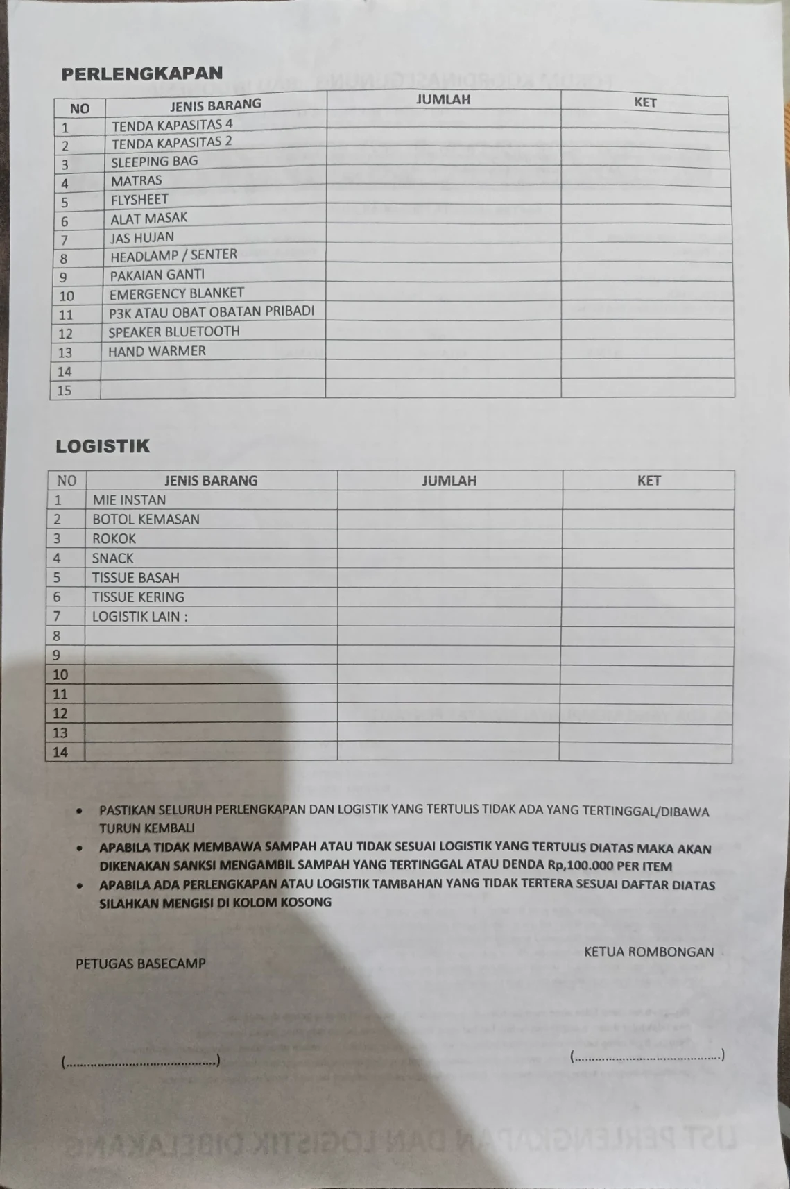 Formulir perlengkapan dan logistik