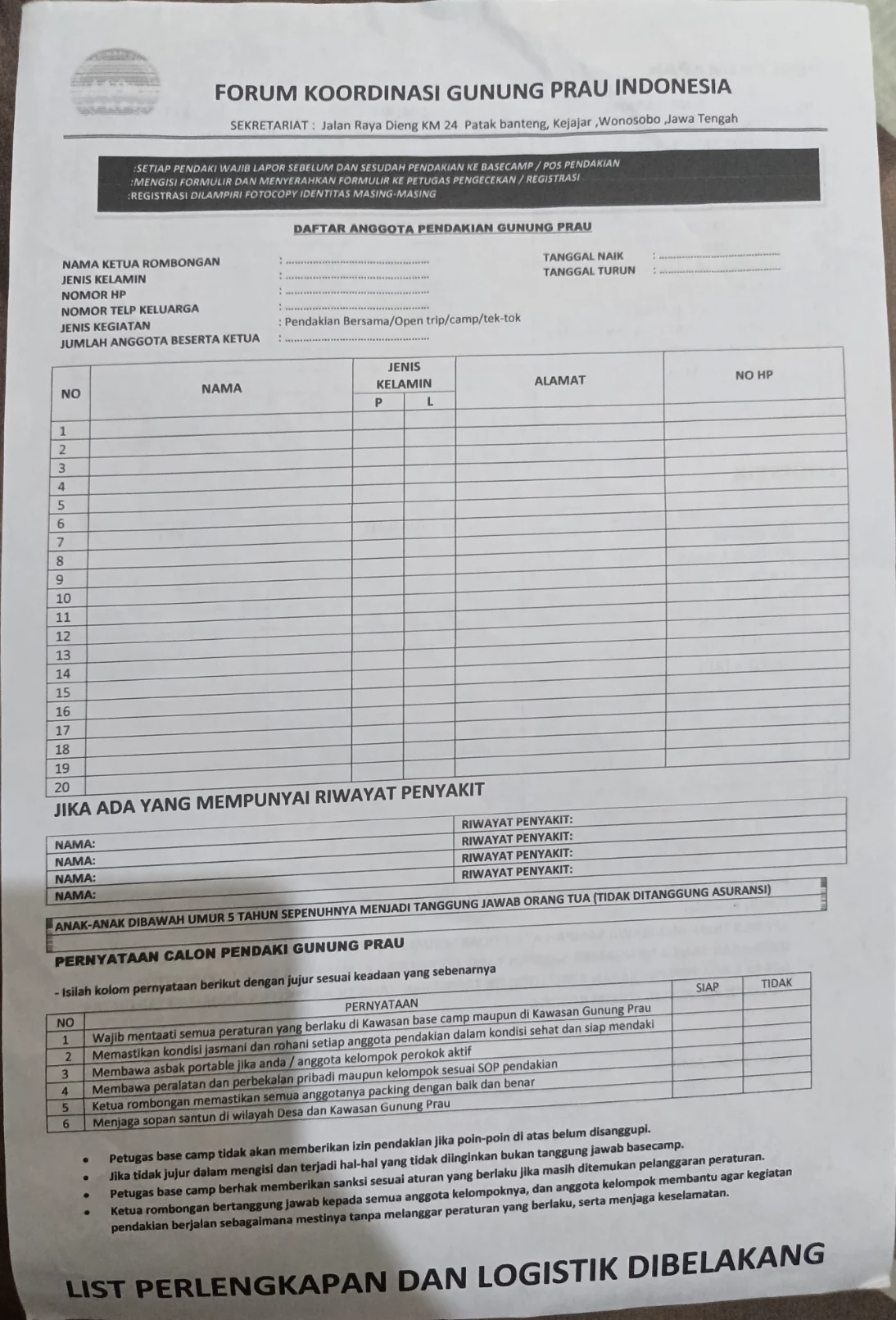 Formulir registrasi pendakian Gunung Prau
